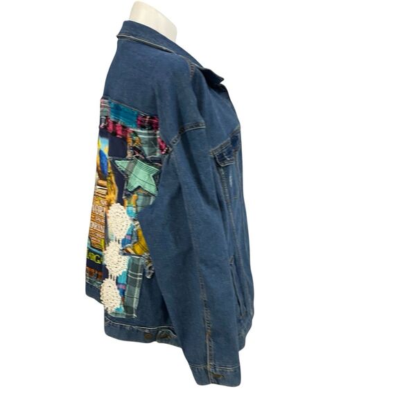 Upcycled Denim Jacket Womens 3X Margaritaville Grunge Patchwork Folk Art Boho - Picture 9 of 15